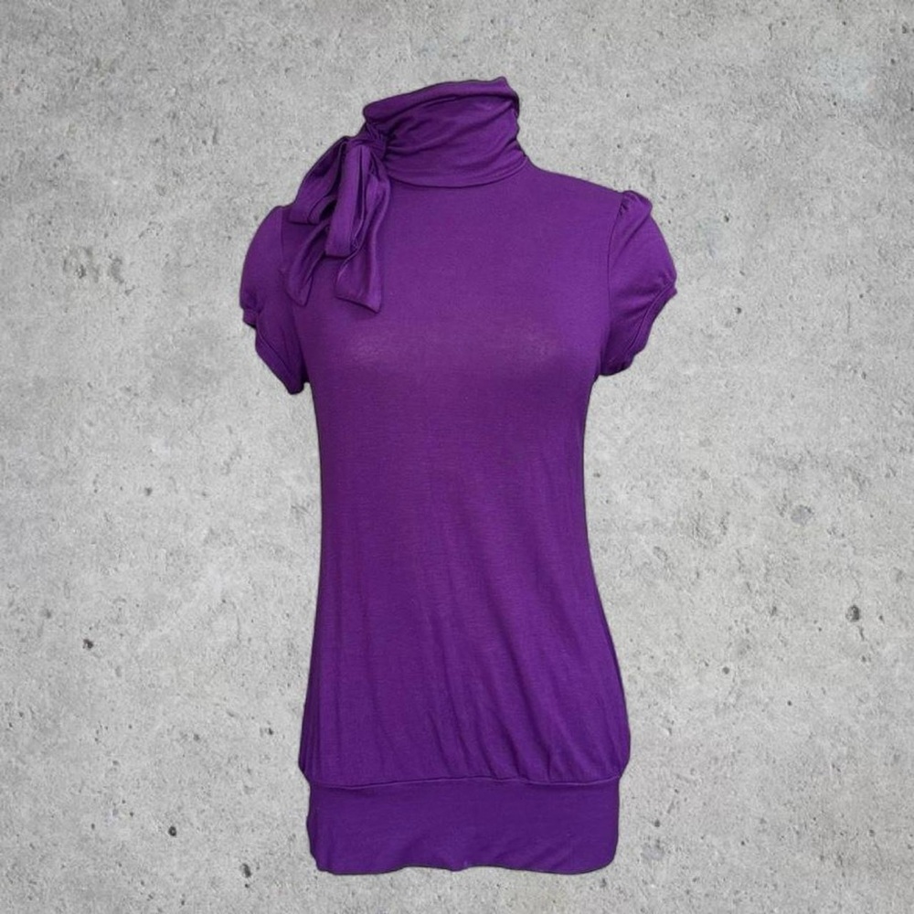 Chic Y2K Fashion 70s Purple Turtleneck Top Blouse with Tie Neck Detail- Medium